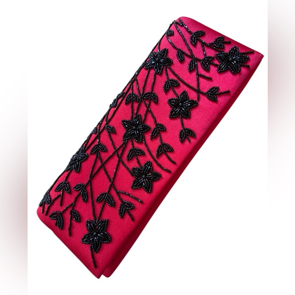 Bijoux Terner Red Clutch with Black Floral Accents